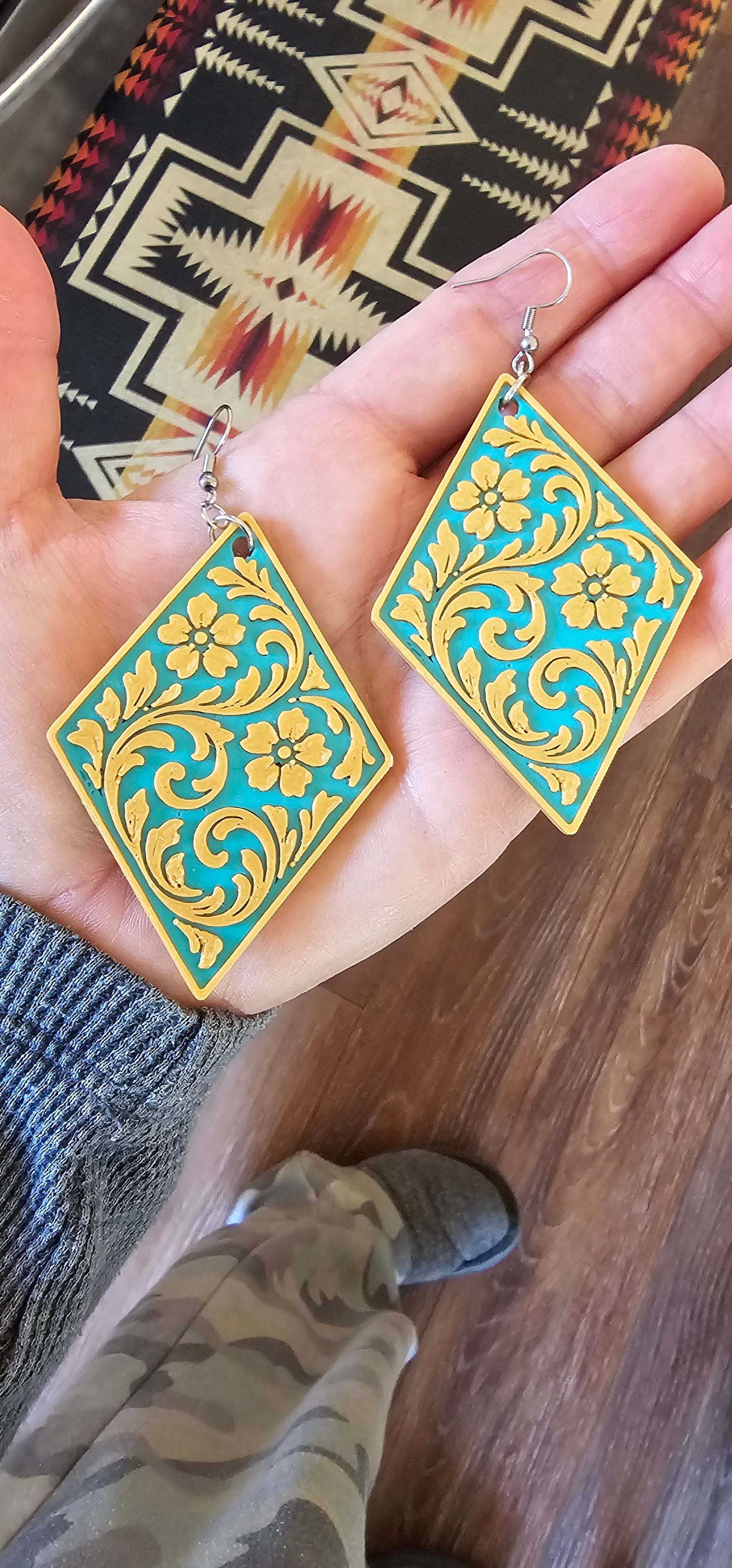3D Print Western Tooled Floral Earrings Made in America Choice of Colors Baha Ranch Western Wear