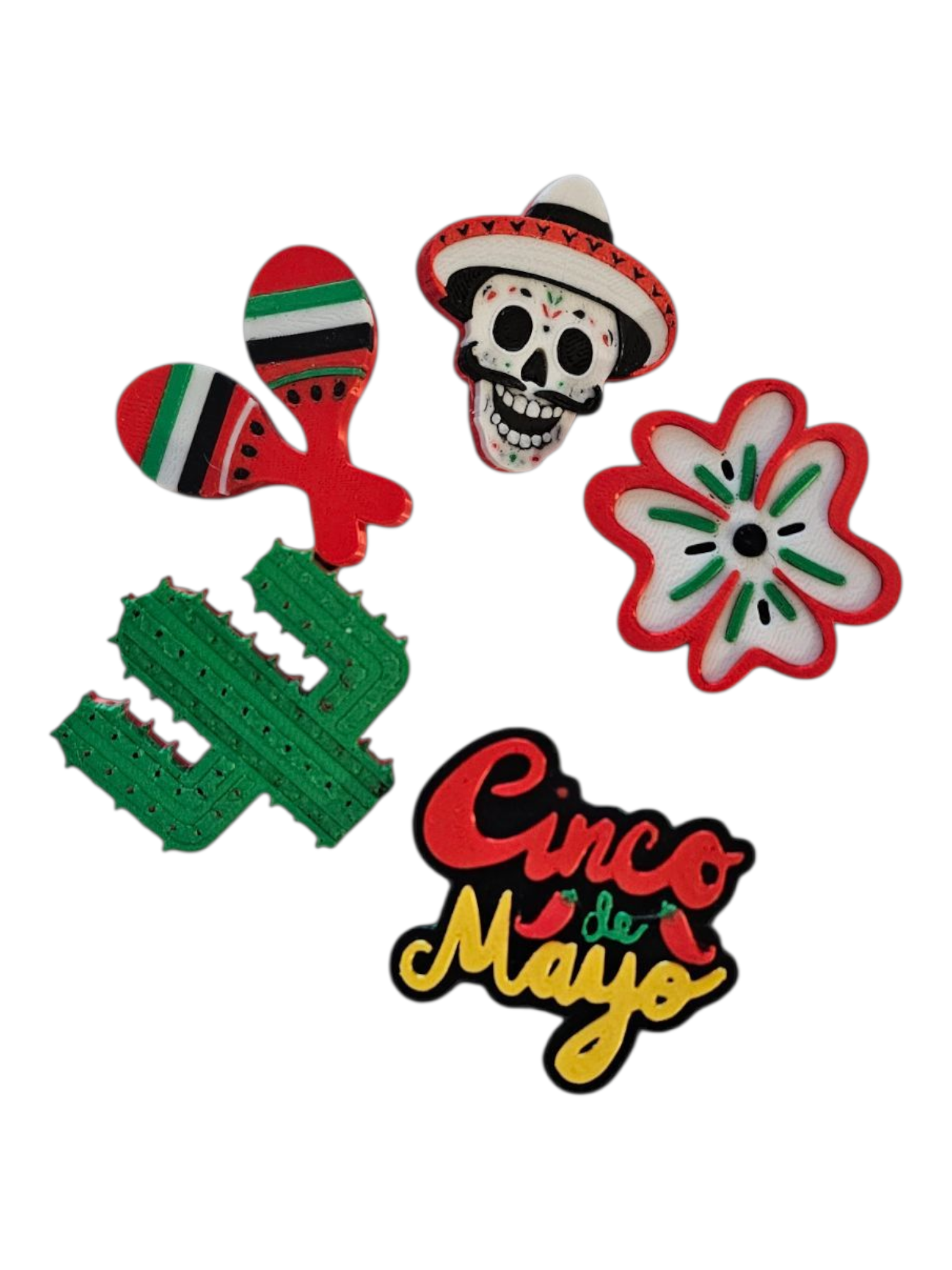 Set of 5 - 3D Print Mexico Cinco de Mayo Cactus Mariachi Sugar Skull Pins Made in America Baha Ranch Western Wear