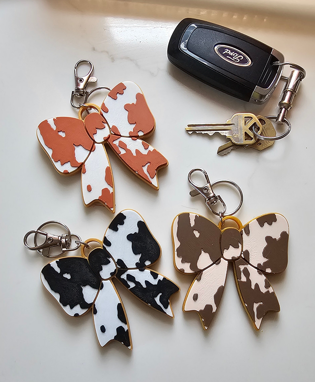 3d Print Puffy Bow Trend Keychain Fringe Cow Print Western Made in America Baha Ranch Western Wear