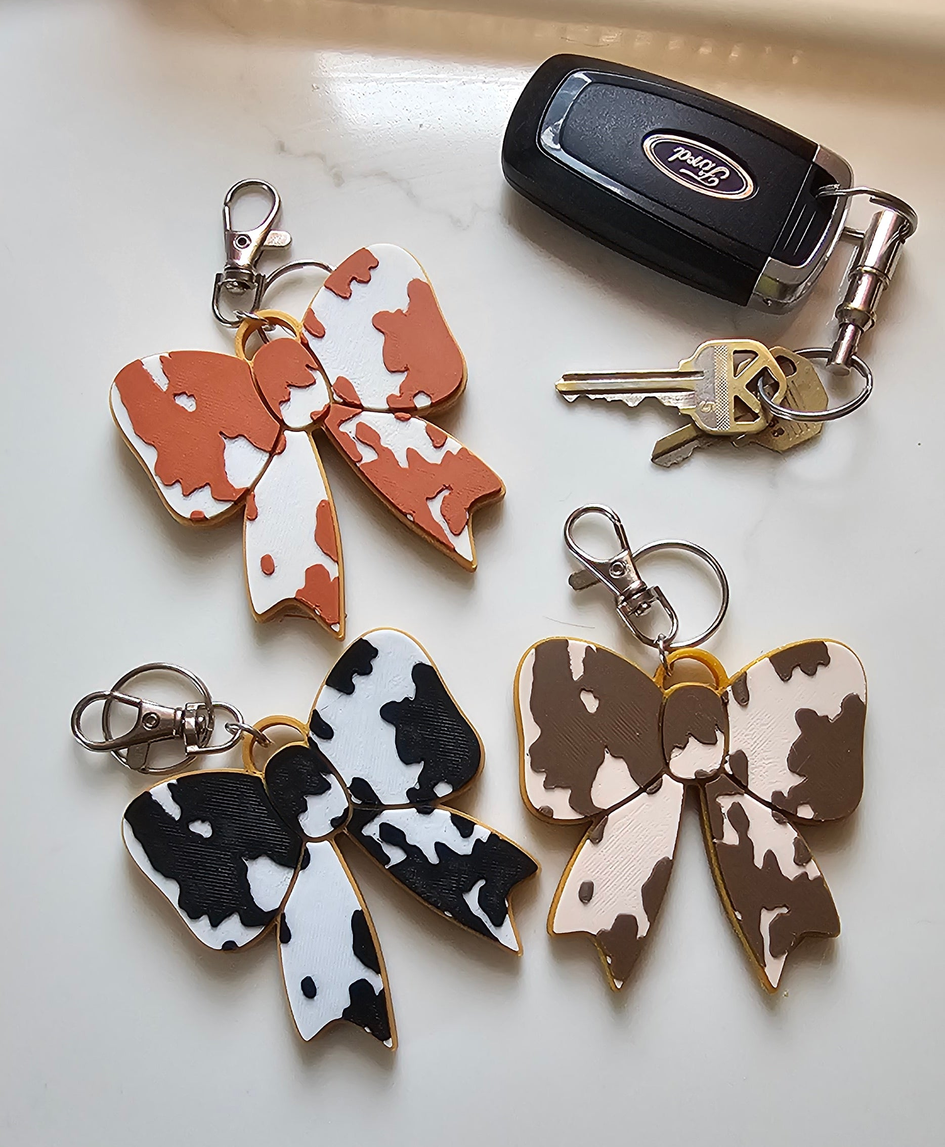 3d Print Puffy Bow Trend Keychain Fringe Cow Print Western Made in America Baha Ranch Western Wear