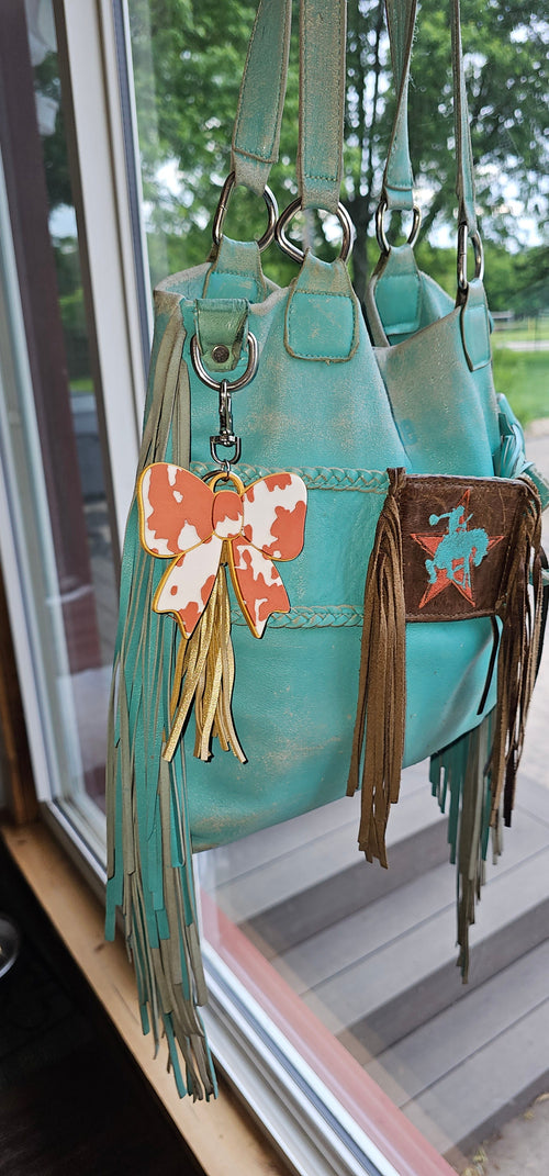 3d Print Puffy Bow Trend Keychain Fringe Cow Print Western Made in America Baha Ranch Western Wear