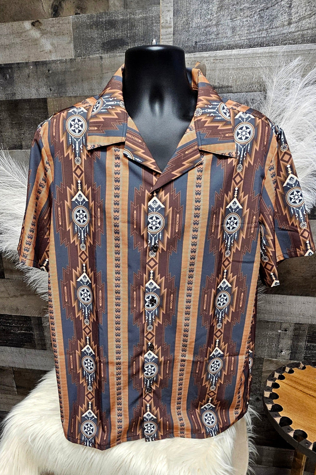 Baha Ranch Mocha Aztec Hawaiian Shirt Made in America Baha Ranch Western Wear