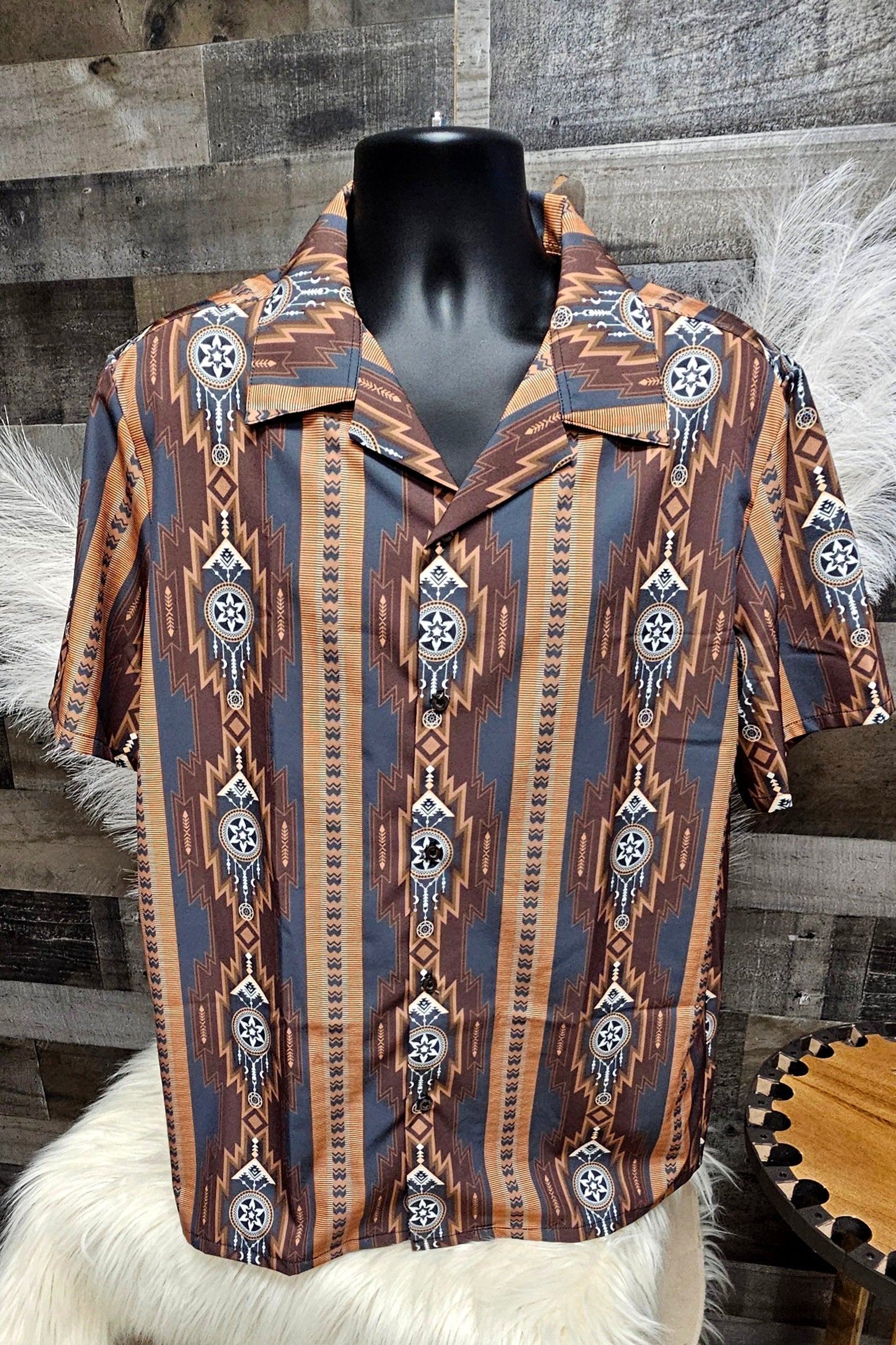 Baha Ranch Mocha Aztec Hawaiian Shirt Made in America Baha Ranch Western Wear
