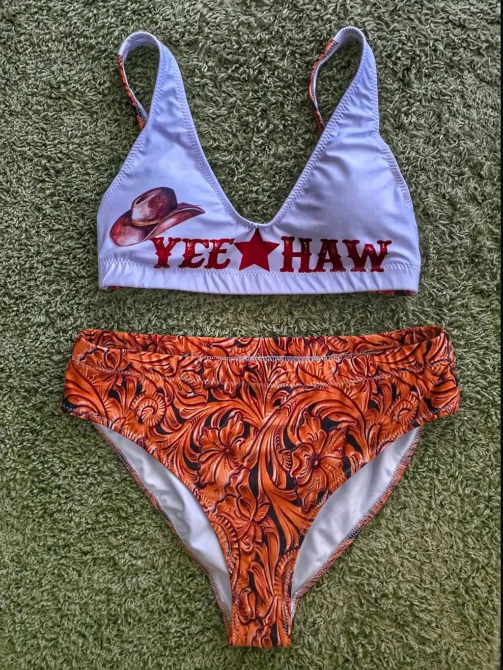 Yeehaw Tooled Leather Print Bikini Baha Ranch Western Wear