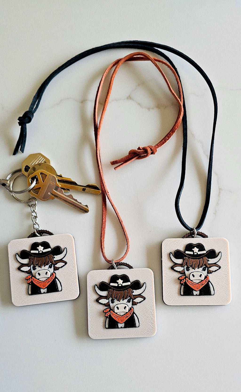 3D Print Cowboy Highland Cow Picture Necklace, Keychain or Purse Charm on Suede Leather Western Made in America Baha Ranch Western Wear