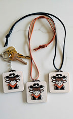 3D Print Cowboy Highland Cow Picture Necklace, Keychain or Purse Charm on Suede Leather Western Made in America Baha Ranch Western Wear