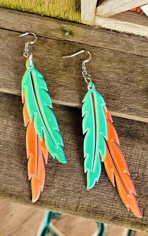 3D Print Double Feather Boho Earrings Made in America Baha Ranch Western Wear