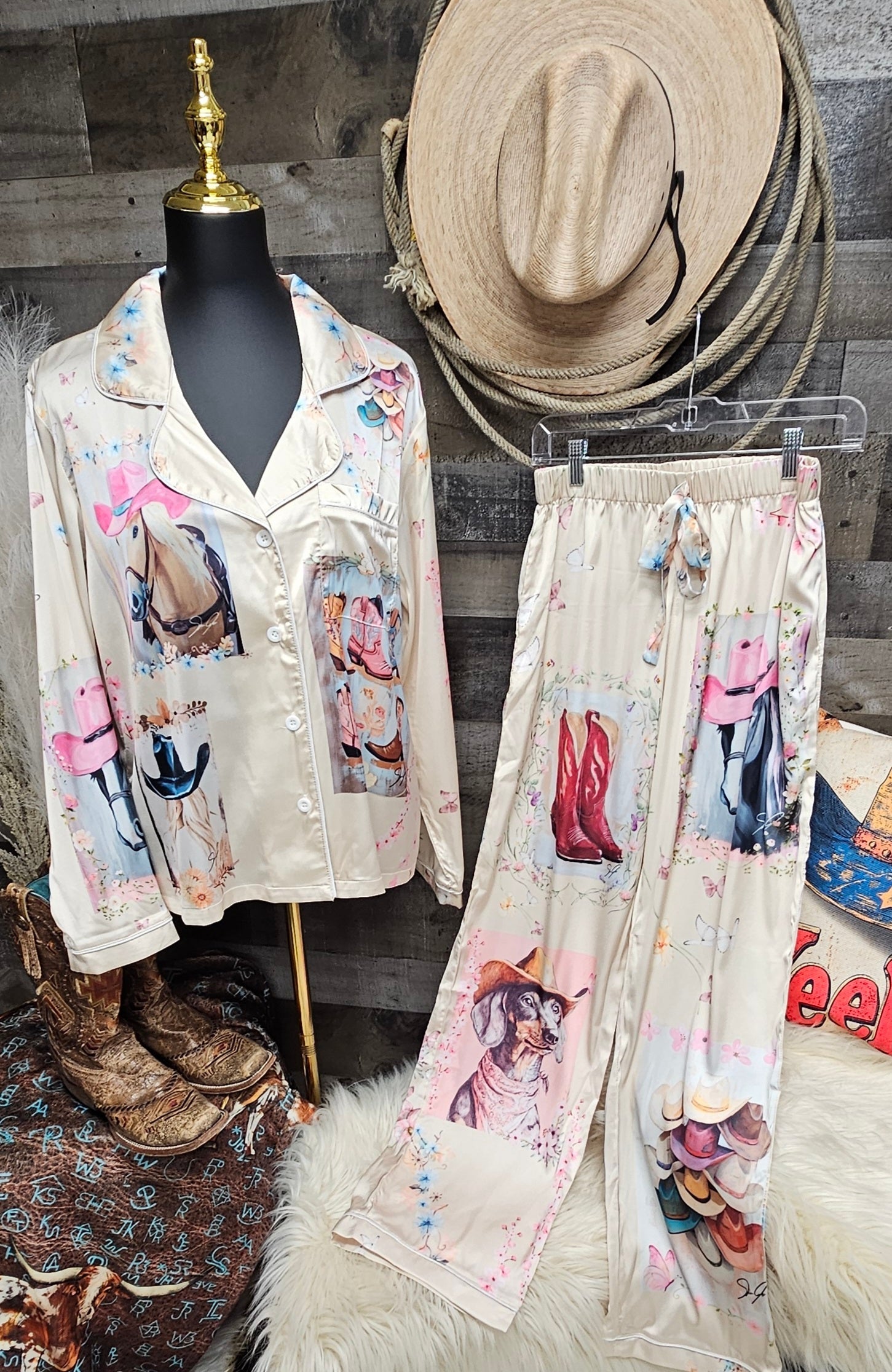Baha Ranch Danilo Painted Cowgirl Satin Long Pajamas Baha Ranch Western Wear