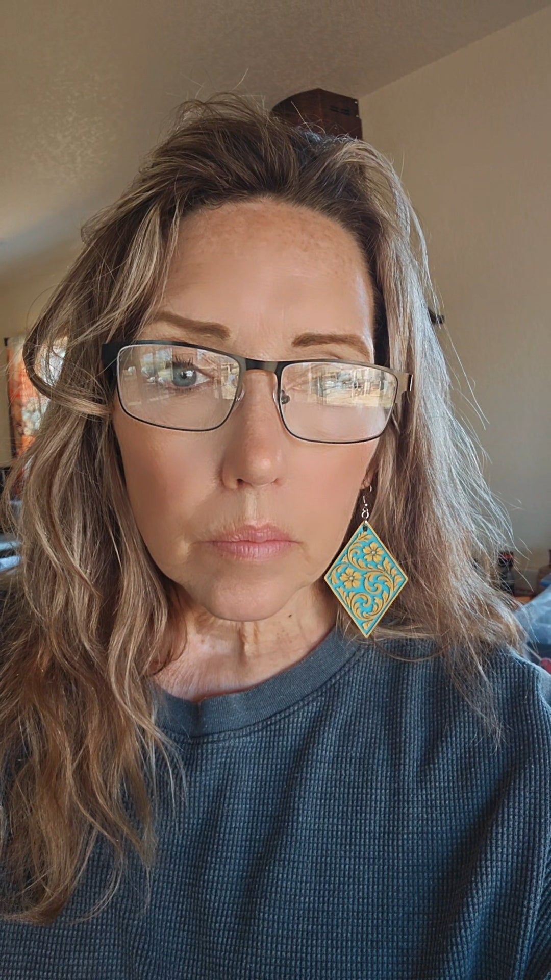 3D Print Western Tooled Mustard Gold on Turquoise  Earrings Made in America Baha Ranch Western Wear