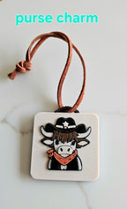3D Print Cowboy Highland Cow Picture Necklace, Keychain or Purse Charm on Suede Leather Western Made in America Baha Ranch Western Wear
