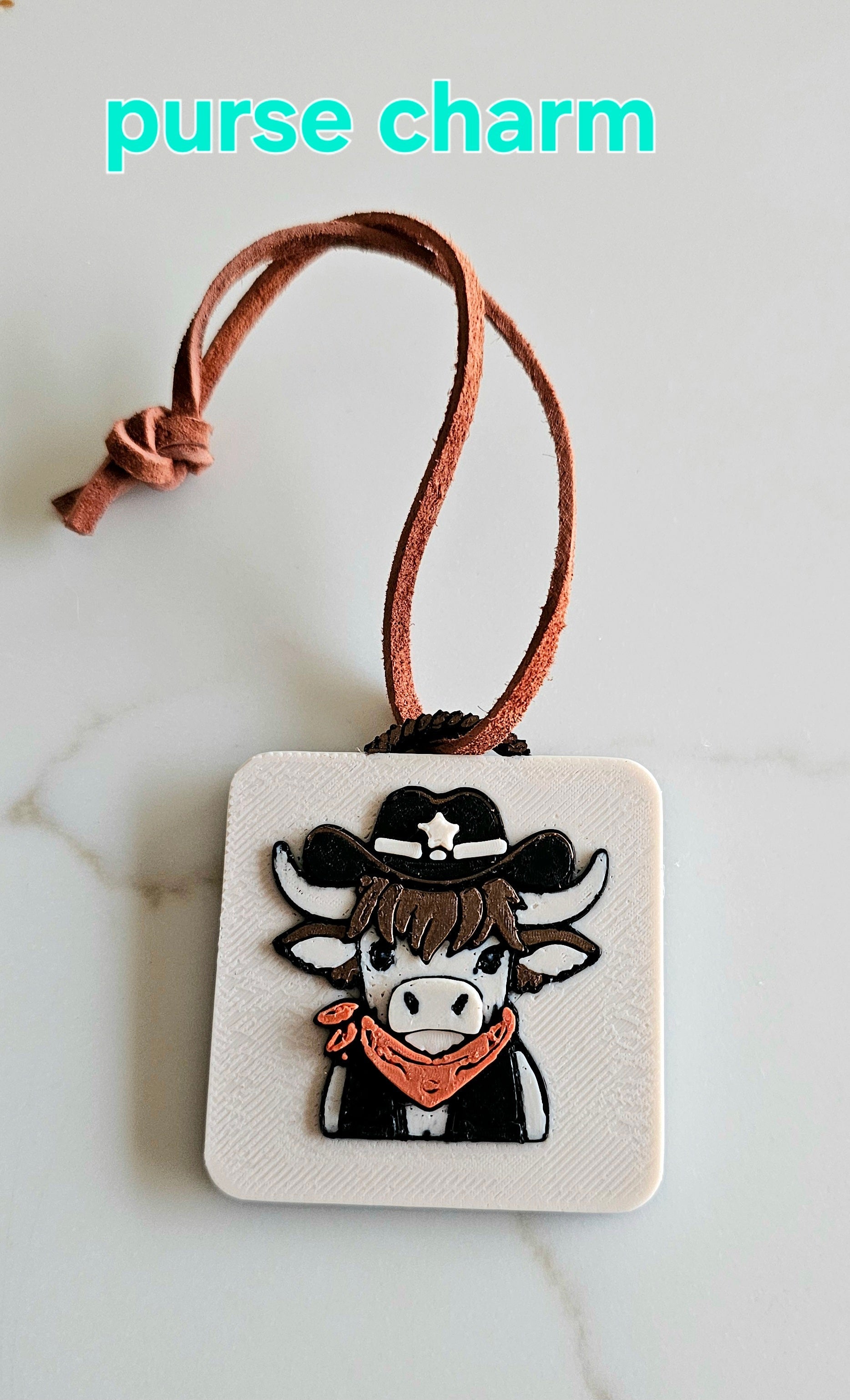 3D Print Cowboy Highland Cow Picture Necklace, Keychain or Purse Charm on Suede Leather Western Made in America Baha Ranch Western Wear