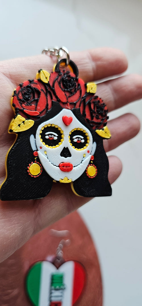 3D Print Mexico Theme Día de los Muertos Day of The Dead Sugar Skull Keychain or Earrings Baha Ranch Western Wear