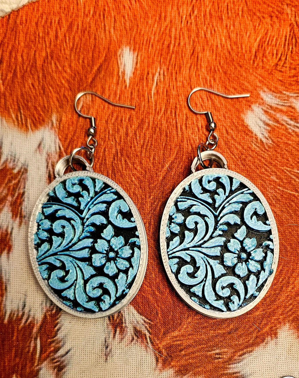 3D Print Western Tooled Turquoise  Earrings Made in America Baha Ranch Western Wear