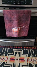 Monogrammed Initial Western Leather Look Saddle Longhorn Cowboy Cowgirl Kitchen Dish Towels Made in America Baha Ranch Western Wear
