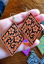 3D Print Western Tooled Floral Earrings Made in America Choice of Colors Baha Ranch Western Wear