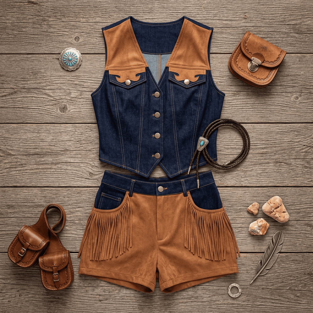 Giddy Up Cowgirl Fringe Vest Shorts Set Outfit Baha Ranch Western Wear