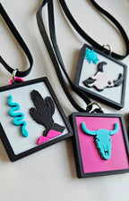 3D Print Picture Necklace on Deerskin Leather Western Bull Skull Desert Cactus Made in America Baha Ranch Western Wear