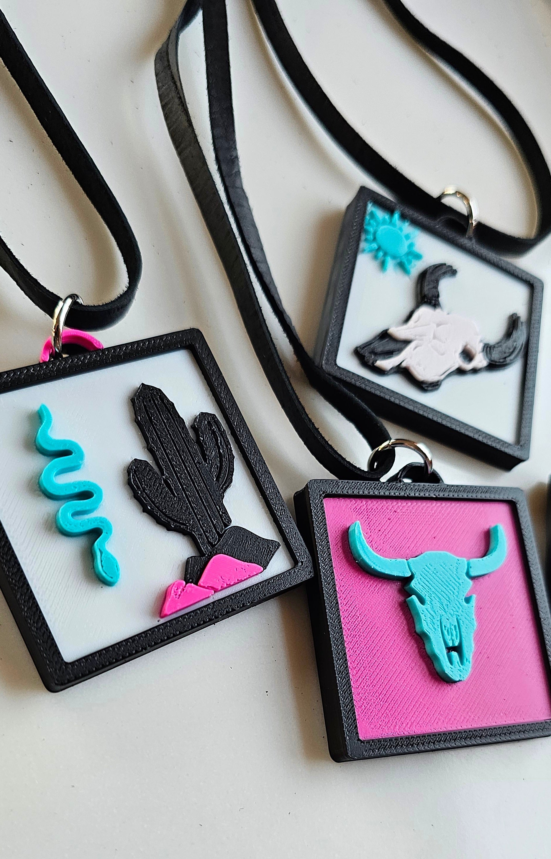 3D Print Picture Necklace on Deerskin Leather Western Bull Skull Desert Cactus Made in America Baha Ranch Western Wear