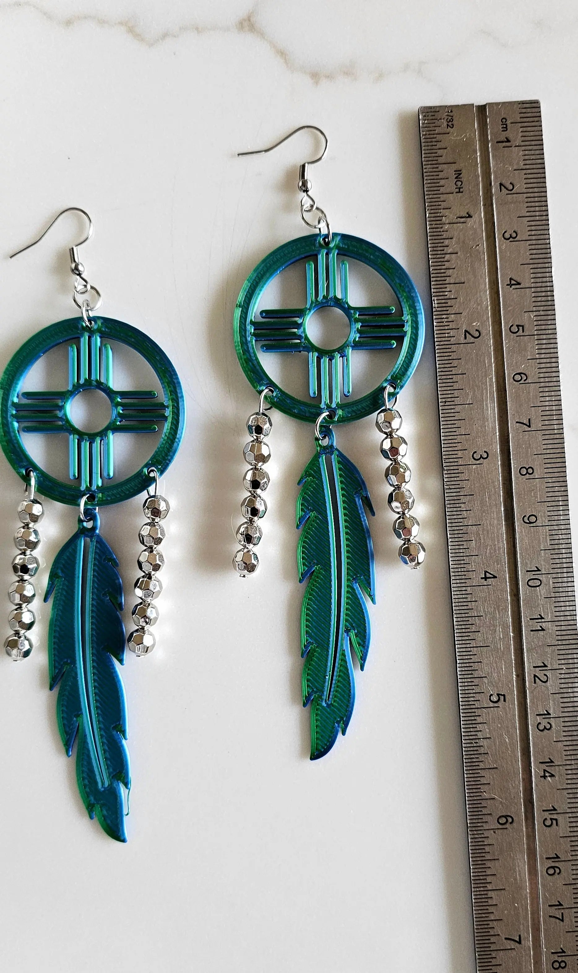 3D print Lightweight Green New Mexico Zia Feather Dream Catcher Earrings Made in America Baha Ranch Western Wear