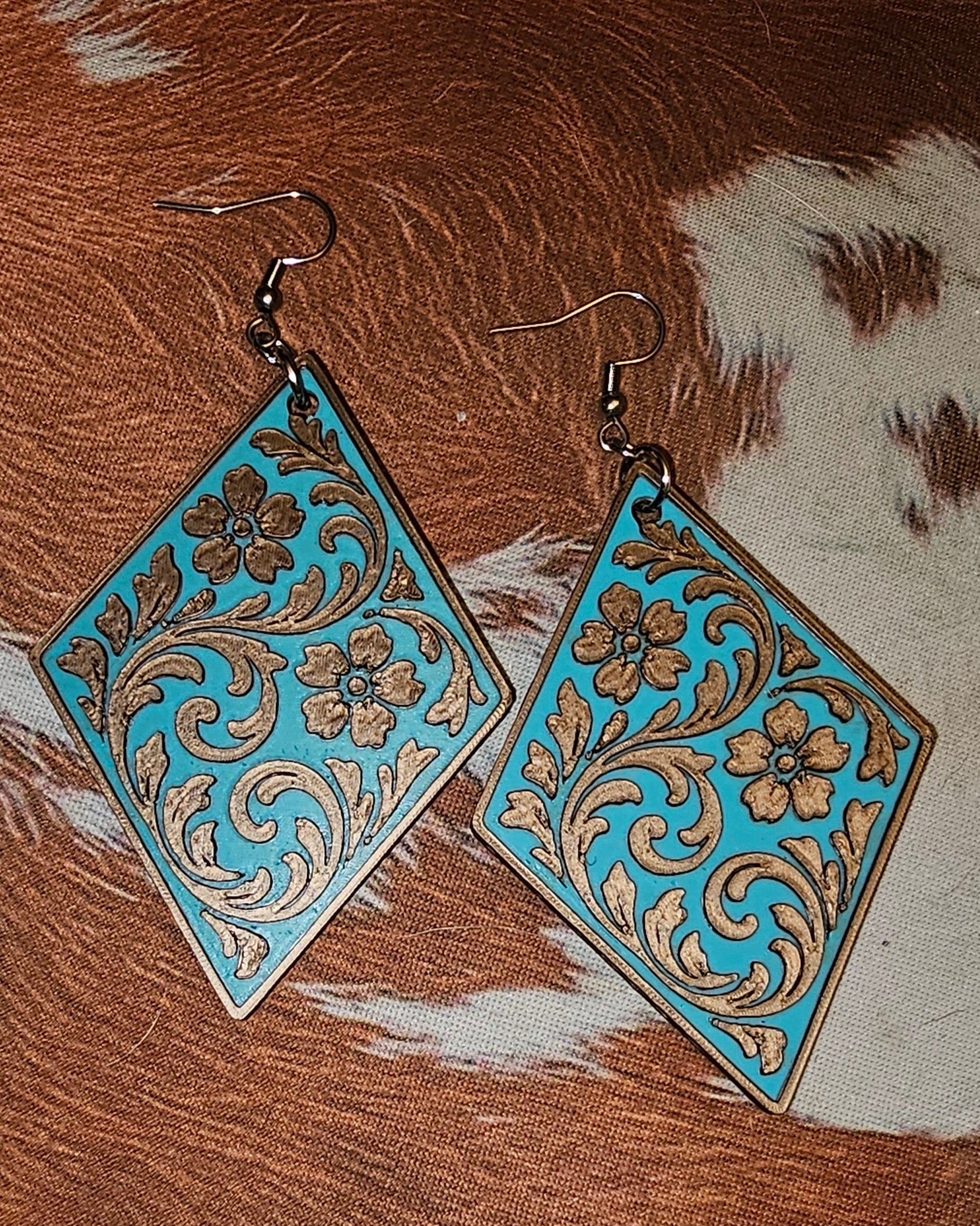 3D Print Western Tooled Floral Earrings Made in America Choice of Colors Baha Ranch Western Wear