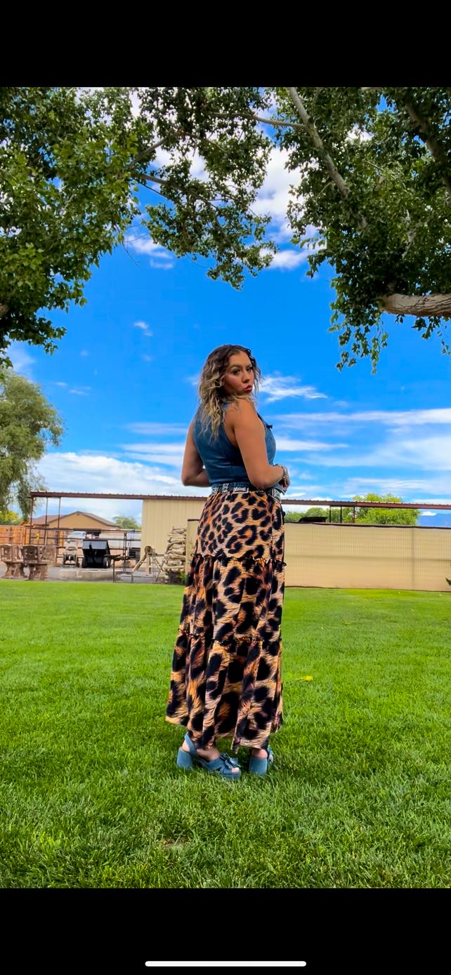 Baha Ranch Retro Pop Western Leopard Print Maxi Prairie Skirt Baha Ranch Western Wear