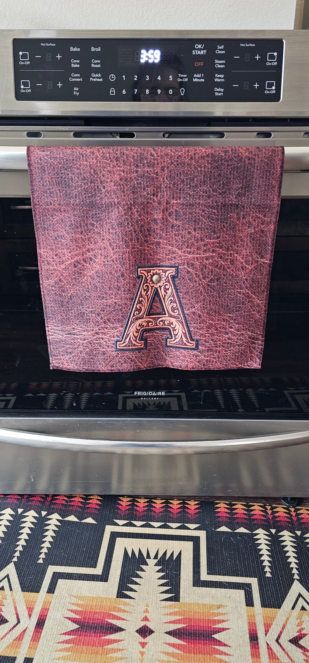 Monogrammed Initial Western Leather Look Saddle Longhorn Cowboy Cowgirl Kitchen Dish Towels Made in America Baha Ranch Western Wear