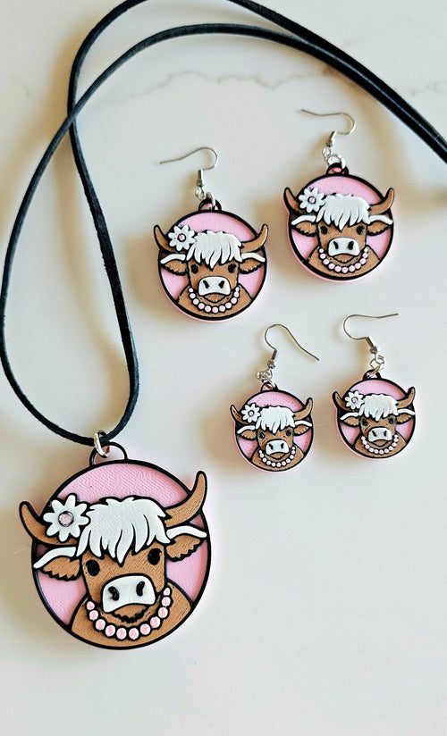 3D Print Cowgirl Highland Cow Picture Necklace or Earrings Western Made in America Baha Ranch Western Wear