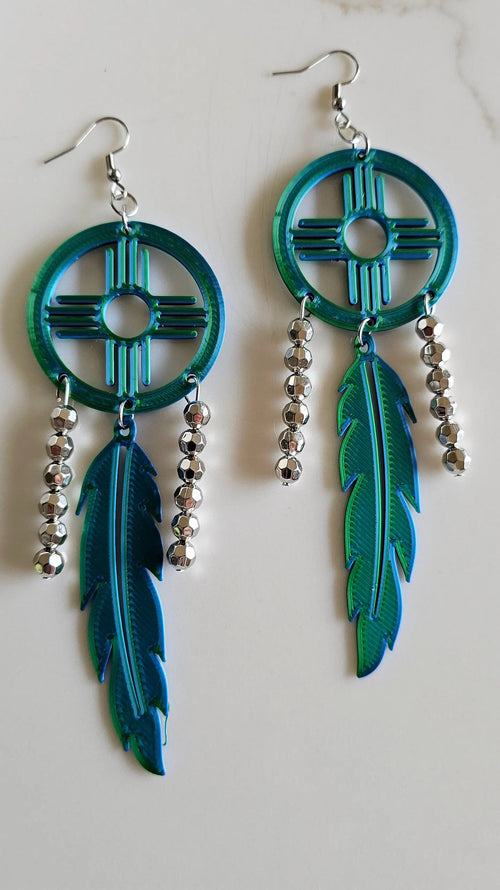 3D print Lightweight Green New Mexico Zia Feather Dream Catcher Earrings Made in America Baha Ranch Western Wear
