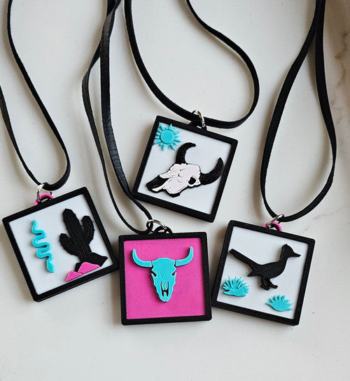 3D Print Picture Necklace on Deerskin Leather Western Bull Skull Desert Cactus Made in America Baha Ranch Western Wear