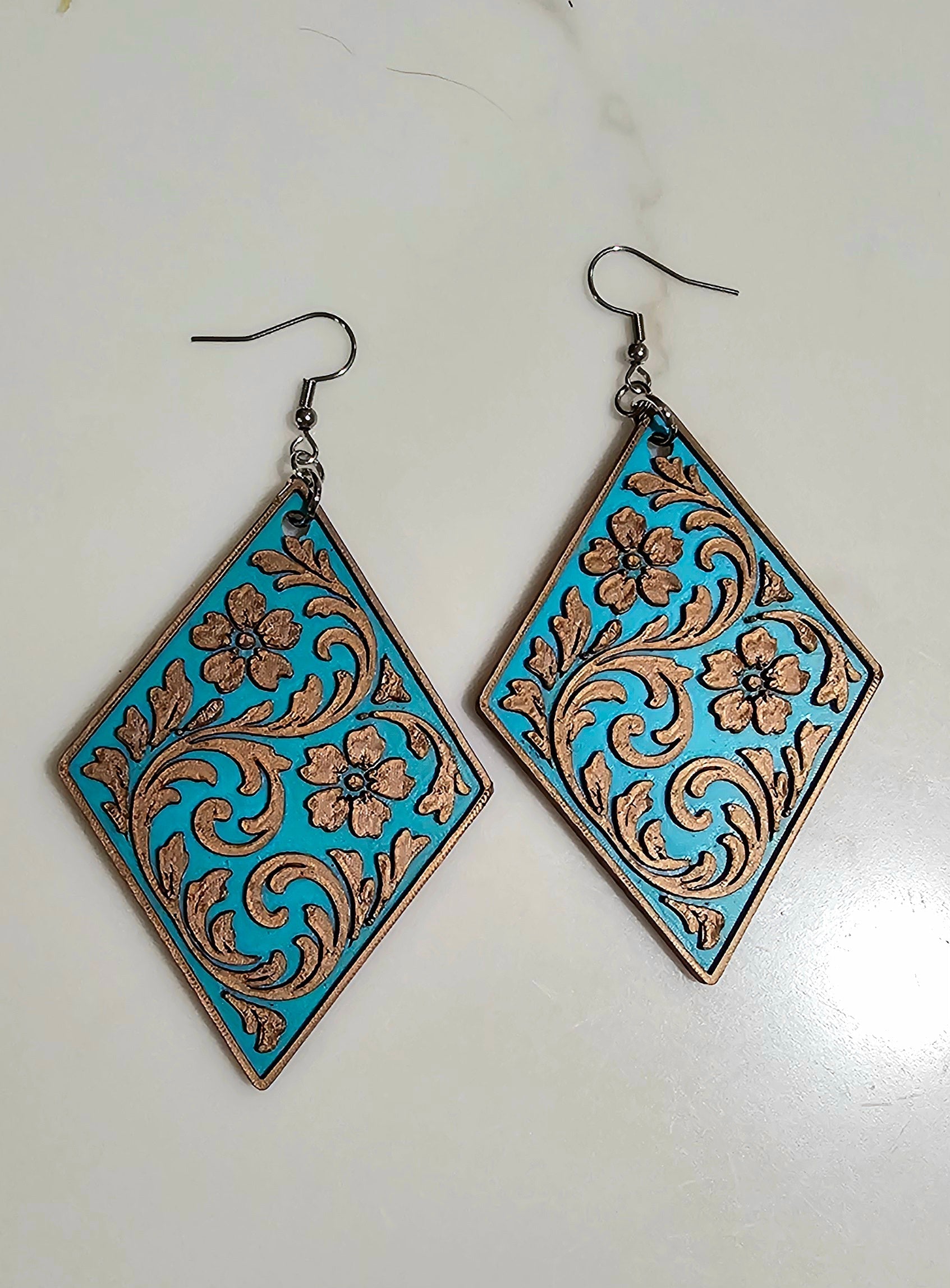 3D Print Western Tooled Floral Earrings Made in America Choice of Colors Baha Ranch Western Wear