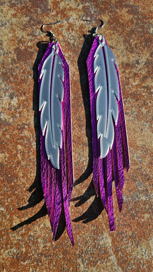 3D Printed Feather Leather Fringe Earrings Made in America Baha Ranch Western Wear