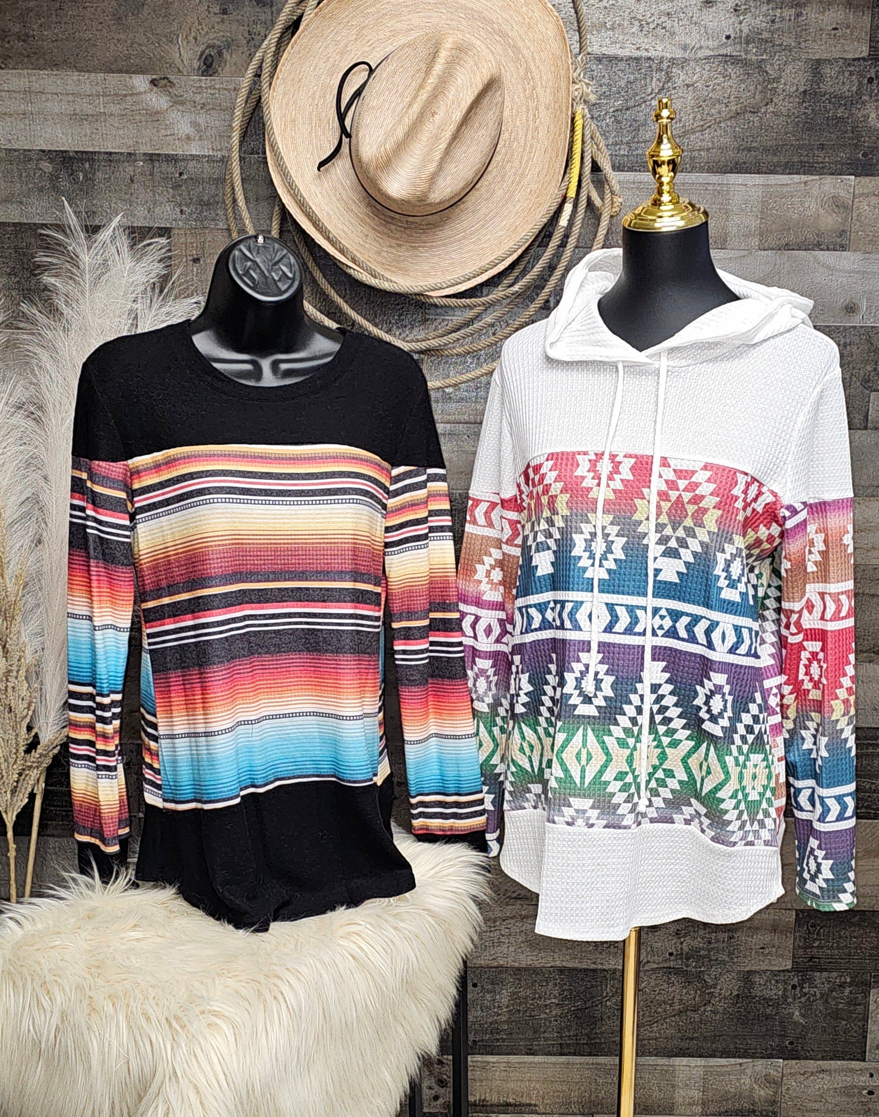 Chama Valley Aztec Print Waffle Knit Lightweight Hoodie Made in America Baha Ranch Western Wear