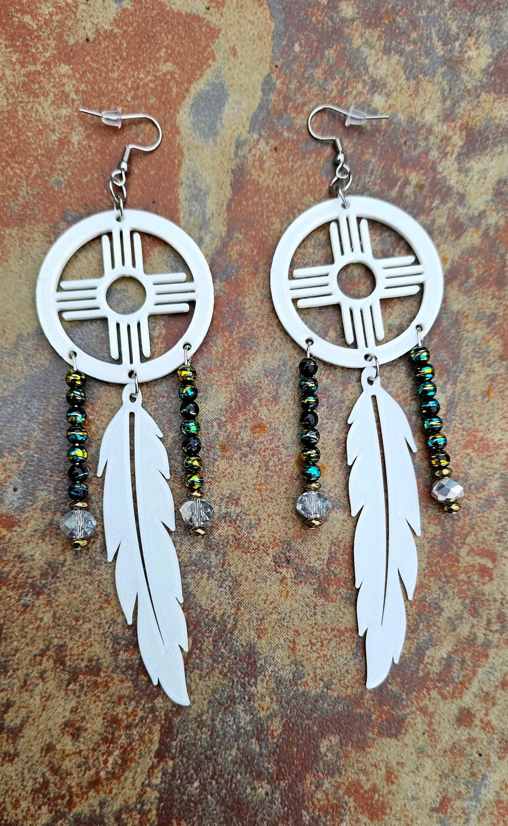 3D print Lightweight New Mexico Zia Feather Dream Catcher Earrings Made in America Baha Ranch Western Wear