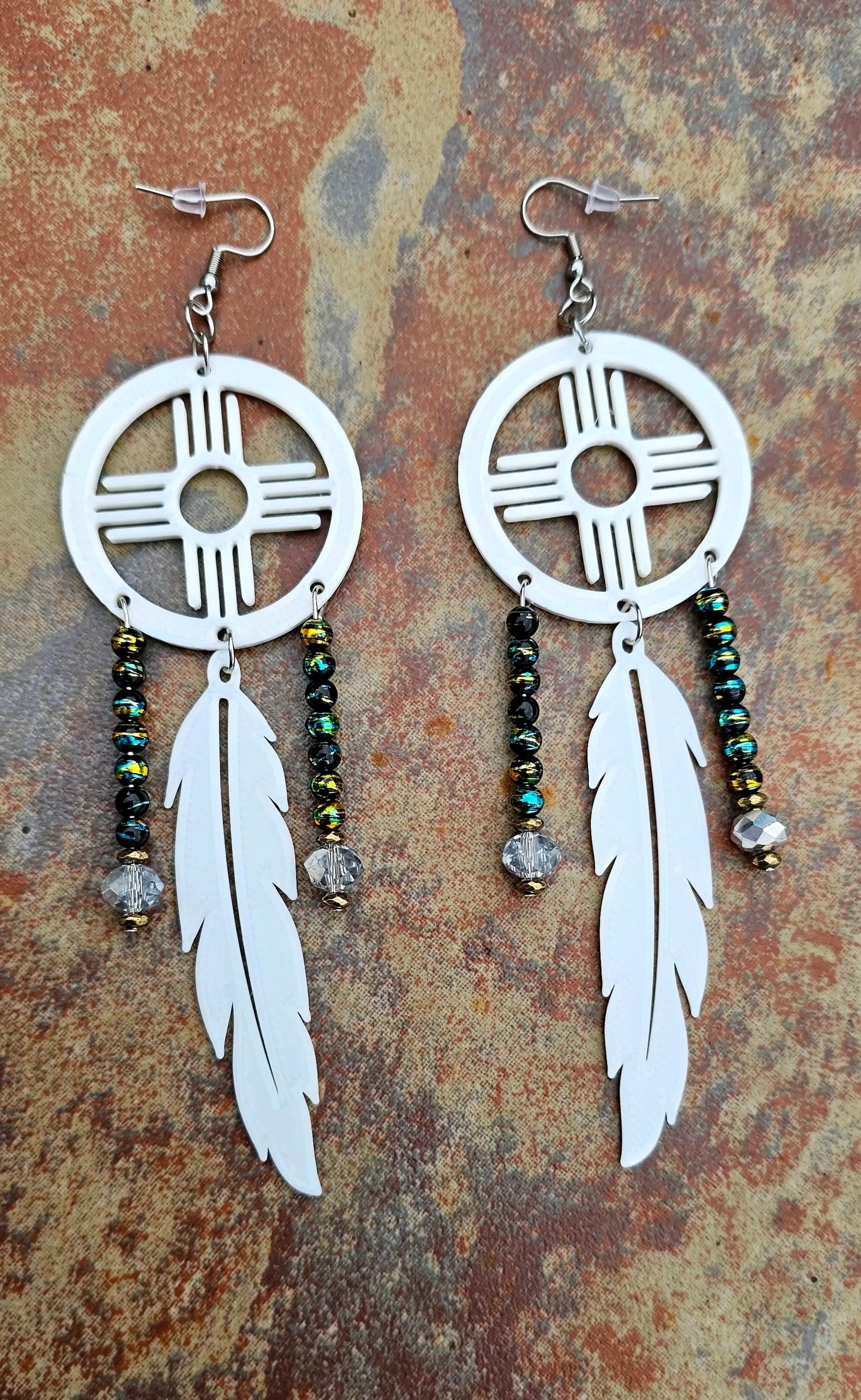 3D print Lightweight New Mexico Zia Feather Dream Catcher Earrings Made in America Baha Ranch Western Wear