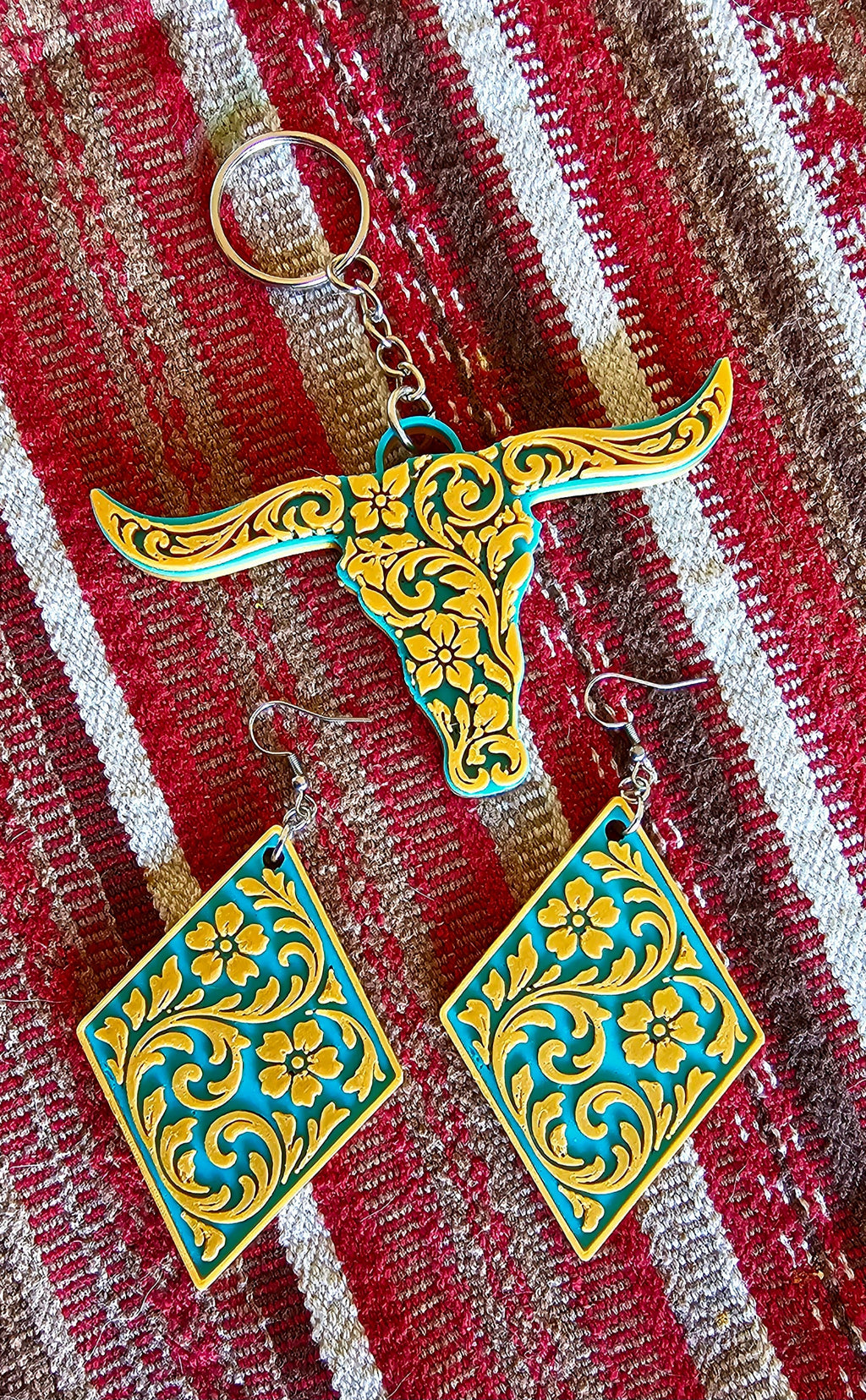 3D Print Western Tooled Mustard Gold on Turquoise  Earrings Made in America Baha Ranch Western Wear