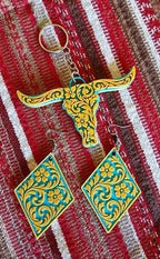 3D Print Western Tooled Mustard Gold on Turquoise  Earrings Made in America Baha Ranch Western Wear