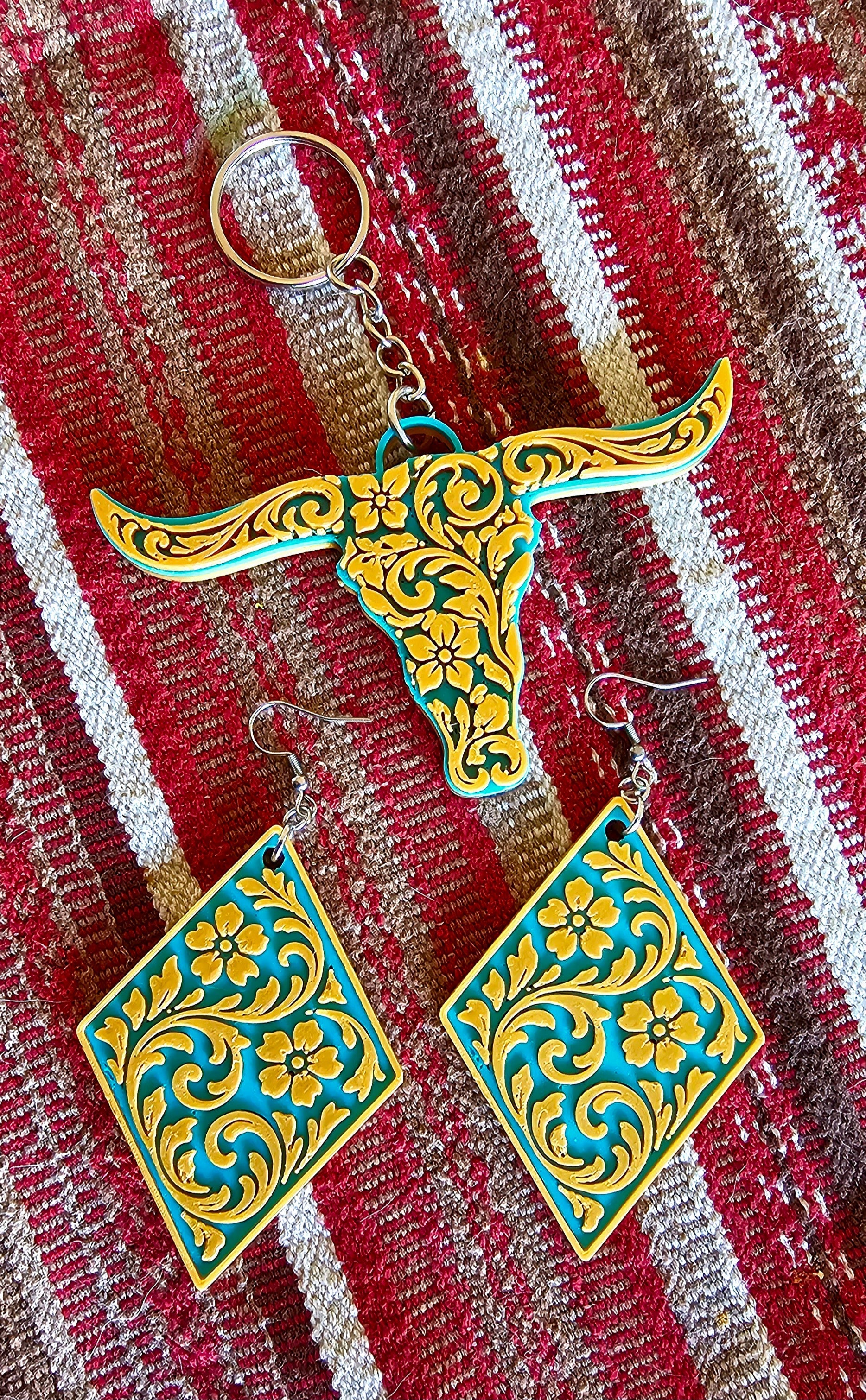 3D Print Western Tooled Mustard Gold on Turquoise  Earrings Made in America Baha Ranch Western Wear