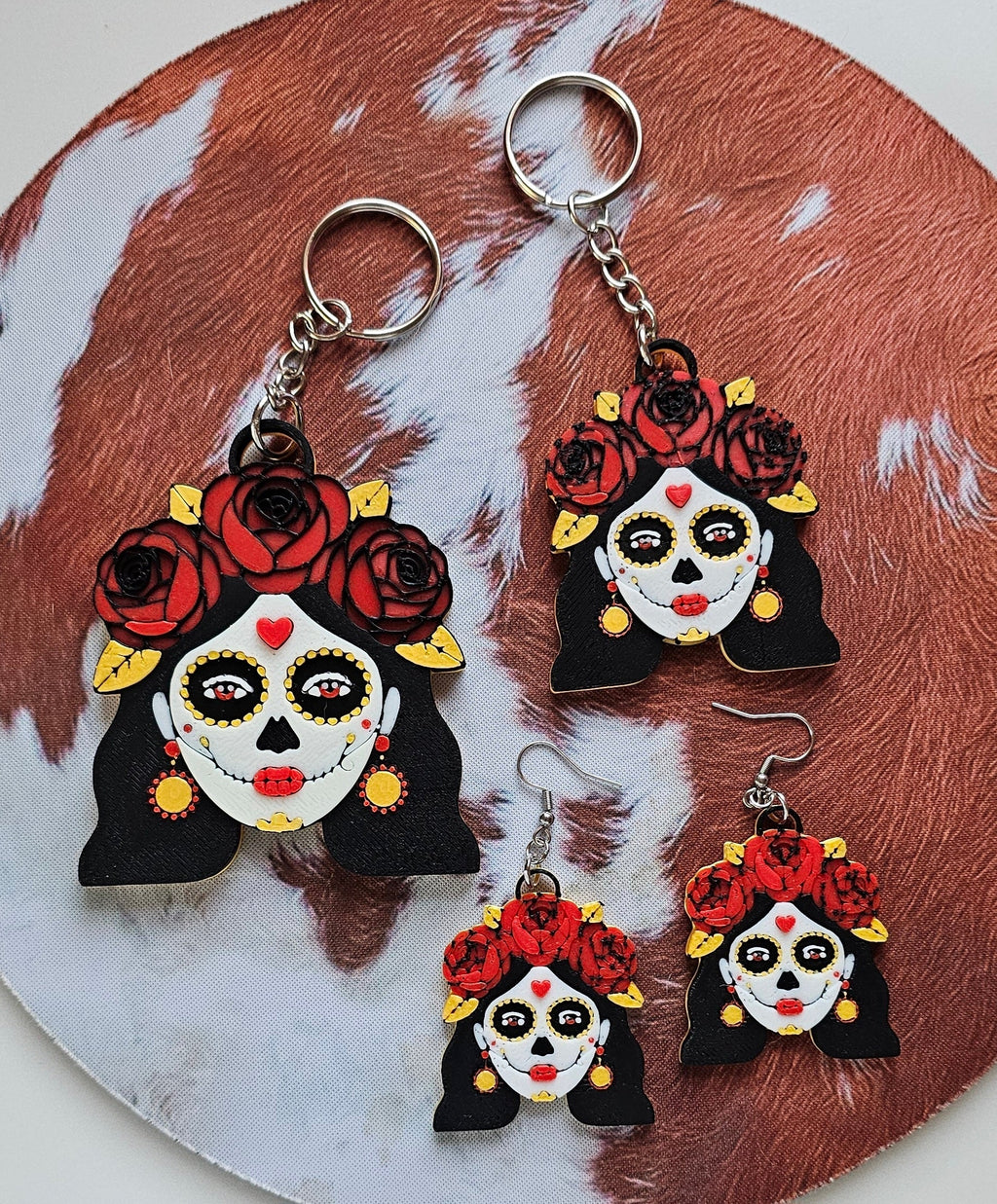3D Print Mexico Theme Día de los Muertos Day of The Dead Sugar Skull Keychain or Earrings Baha Ranch Western Wear