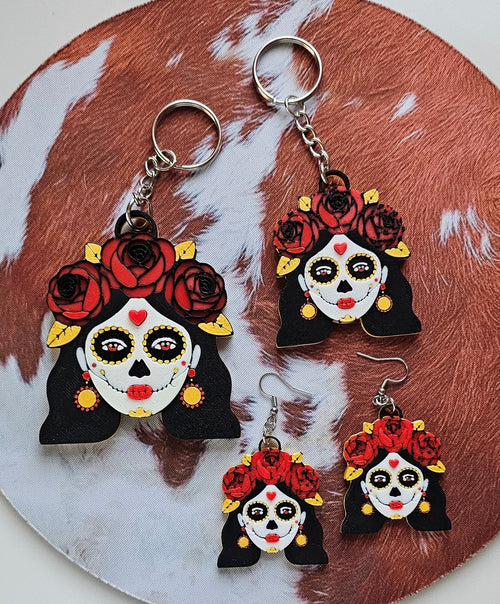 3D Print Mexico Theme Día de los Muertos Day of The Dead Sugar Skull Keychain or Earrings Baha Ranch Western Wear