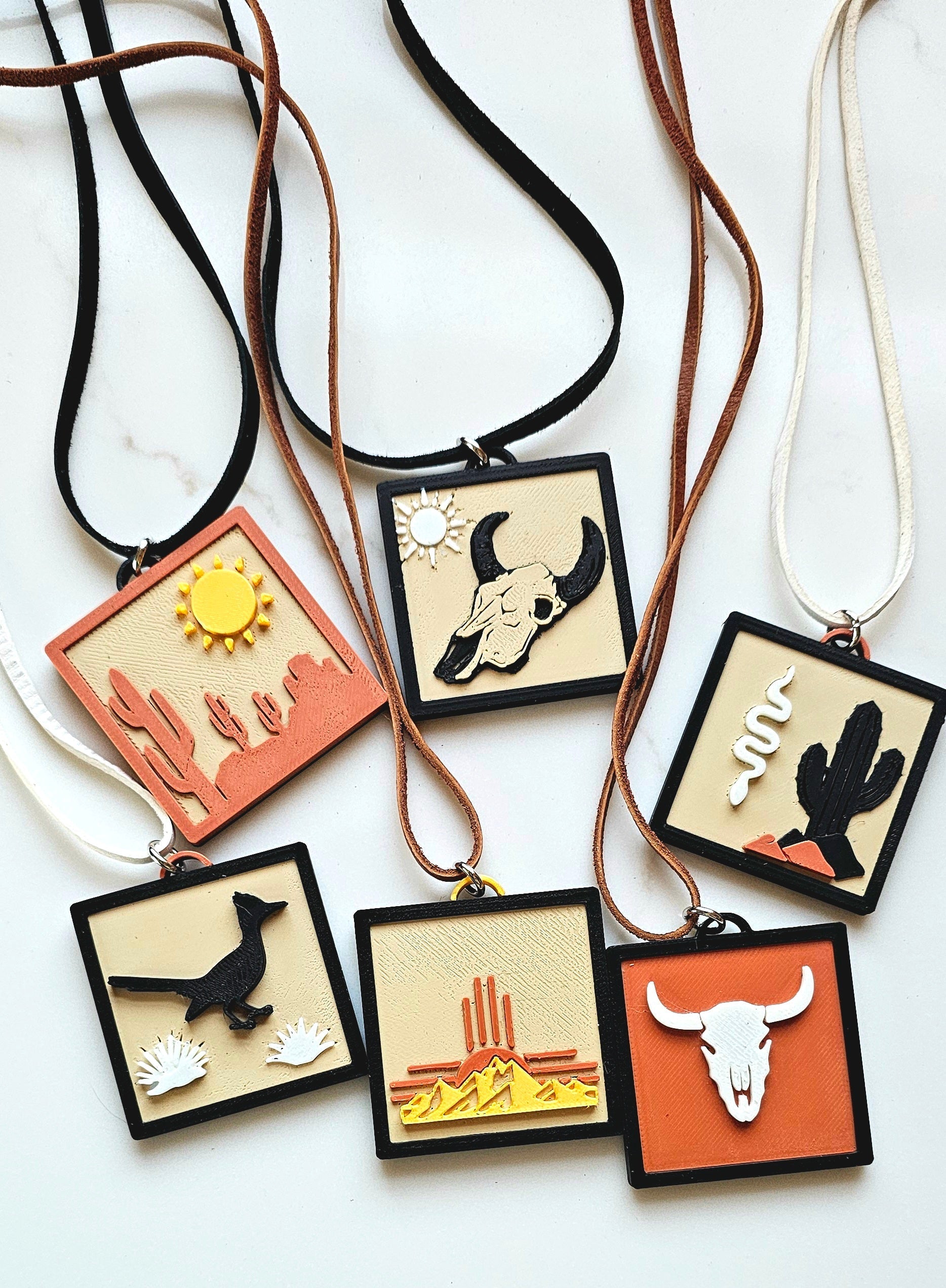 3D Print Picture Necklace on Deerskin Leather Western Bull Skull Desert Cactus Made in America Baha Ranch Western Wear
