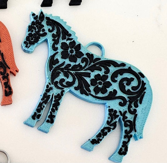 Baha Ranch 3D Print Floral Tooled Horse Charm or Keychain Made in America Baha Ranch Western Wear