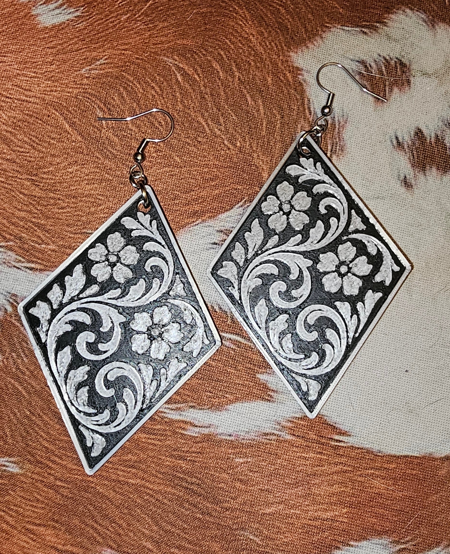 3D Print Western Tooled Floral Earrings Made in America Choice of Colors Baha Ranch Western Wear