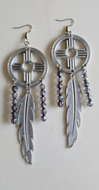 3D print Lightweight Silver New Mexico Zia Feather Dream Catcher Earrings Made in America Baha Ranch Western Wear