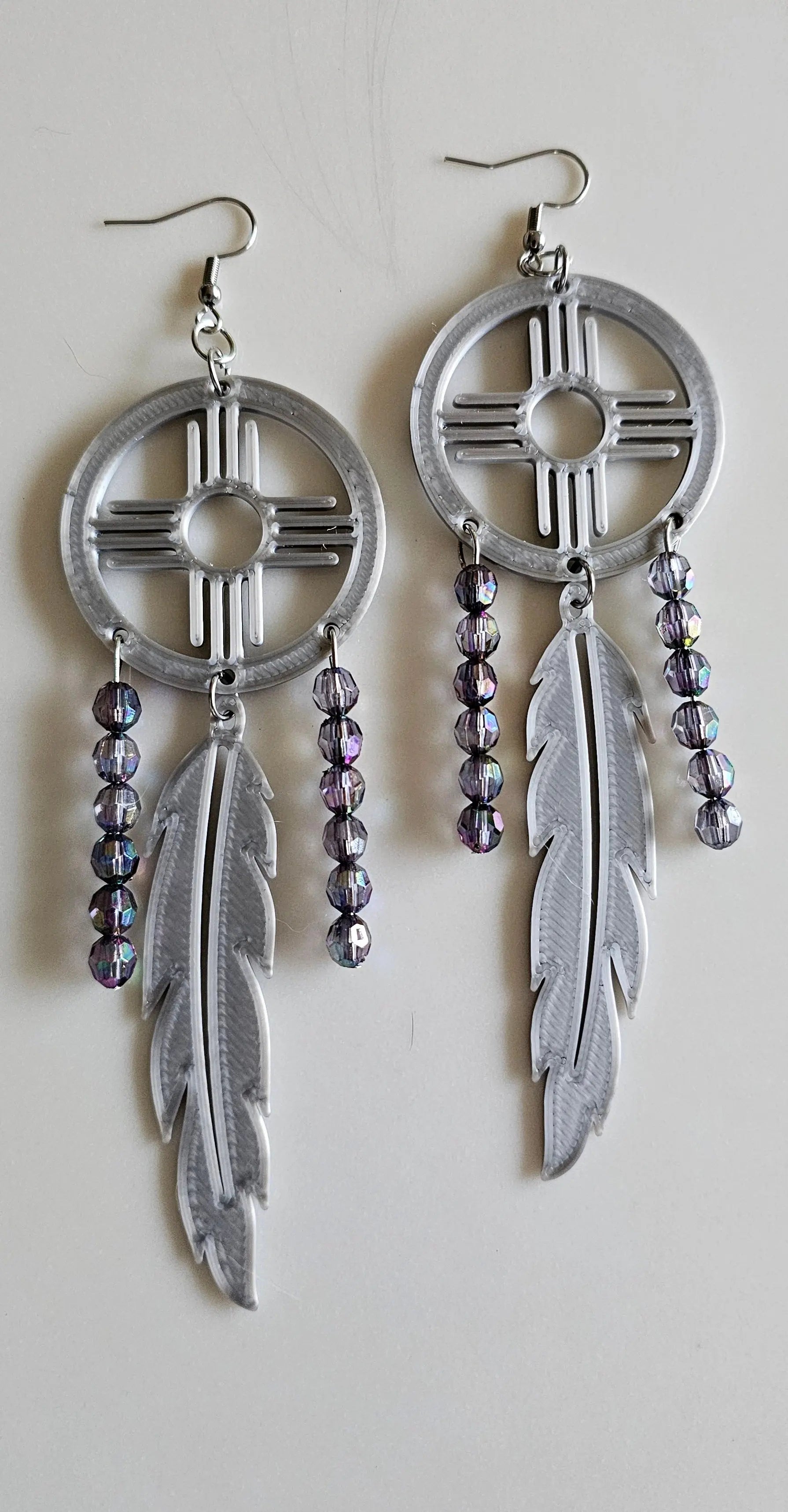 3D print Lightweight Silver New Mexico Zia Feather Dream Catcher Earrings Made in America Baha Ranch Western Wear