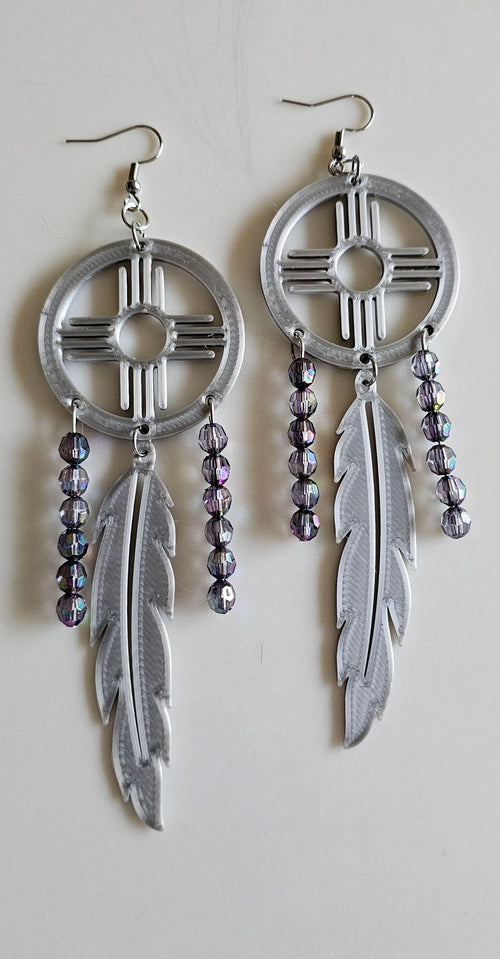 3D print Lightweight Silver New Mexico Zia Feather Dream Catcher Earrings Made in America Baha Ranch Western Wear