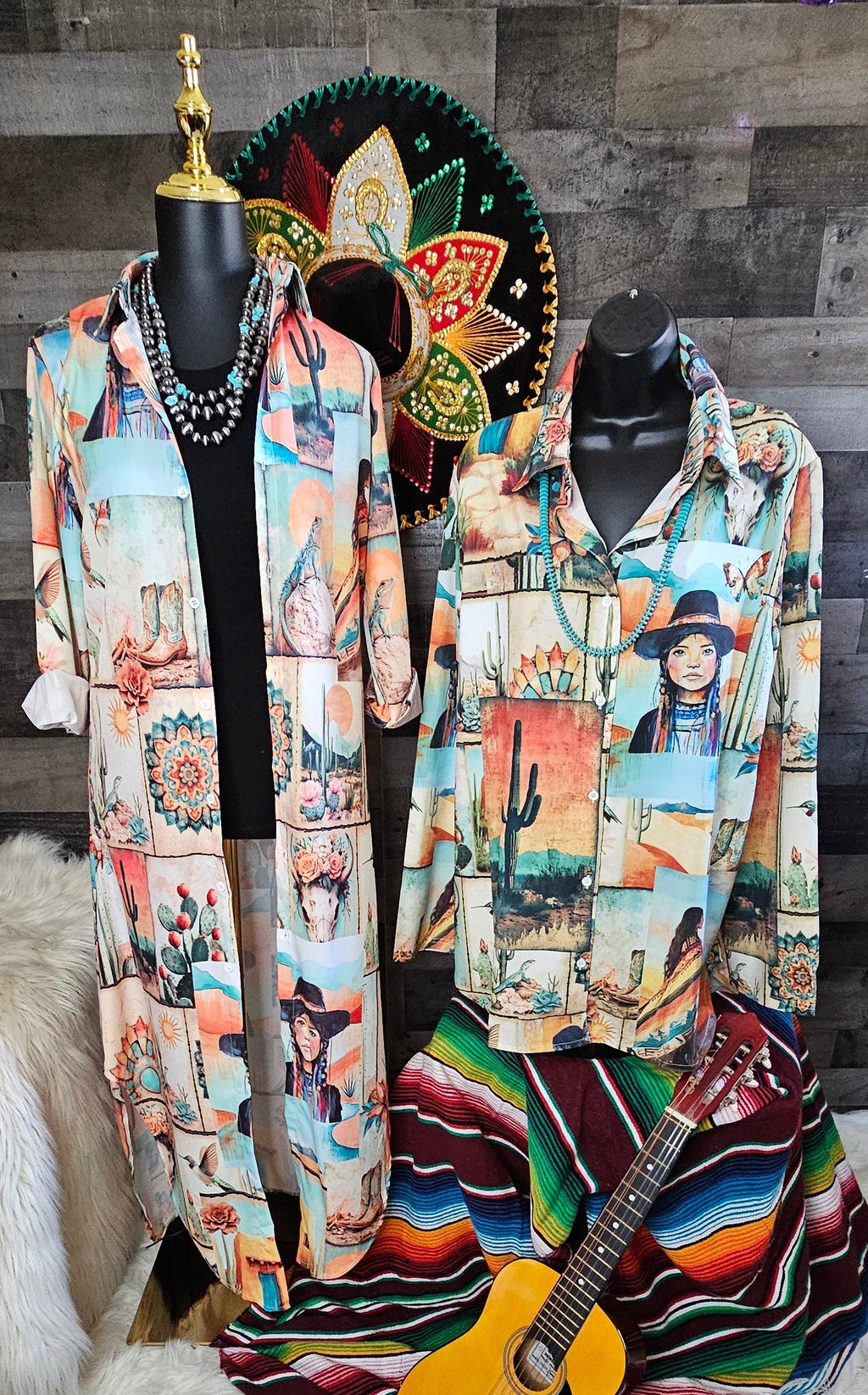 Colores de Mexico Pictures of the Southwest Button-Up Long Sleeve Shirt Dress Duster Baha Ranch Western Wear