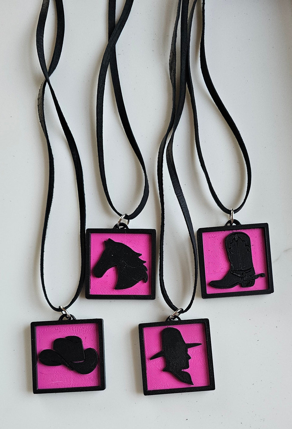 3D Print Picture Necklace on Deerskin Leather Western Cowboy Horse Hat Boot Made in America Baha Ranch Western Wear