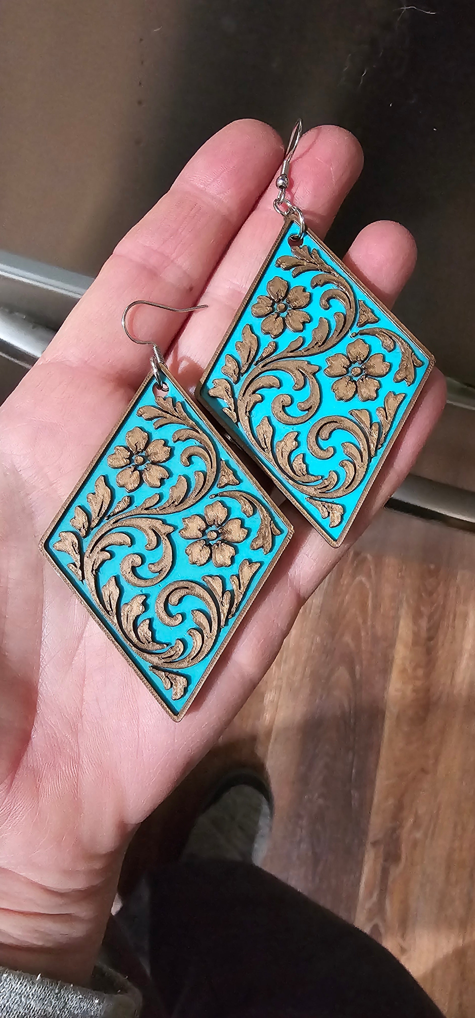 3D Print Western Tooled Floral Earrings Made in America Choice of Colors Baha Ranch Western Wear