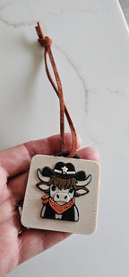 3D Print Cowboy Highland Cow Picture Necklace, Keychain or Purse Charm on Suede Leather Western Made in America Baha Ranch Western Wear