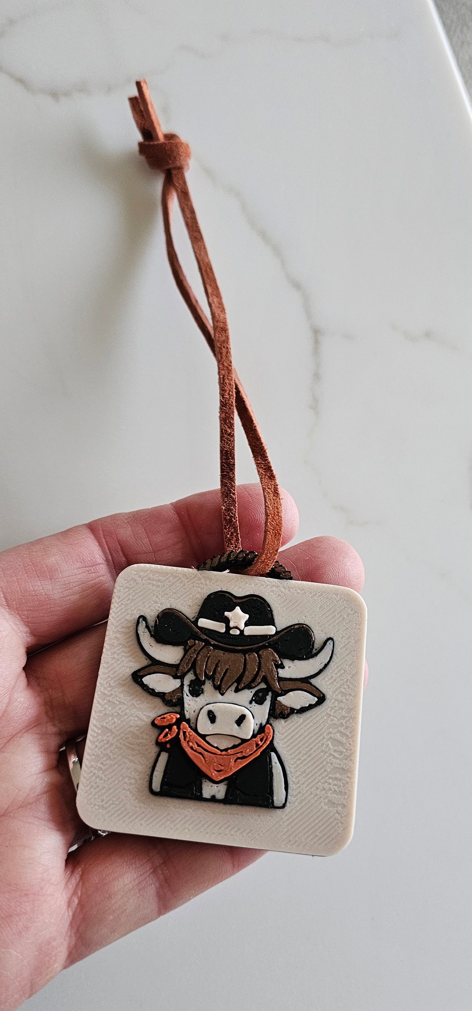 3D Print Cowboy Highland Cow Picture Necklace, Keychain or Purse Charm on Suede Leather Western Made in America Baha Ranch Western Wear